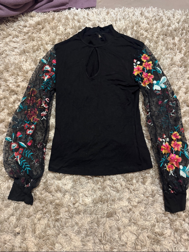 Black Mock Neck Top With Embroidered Sheer Floral Sleeves